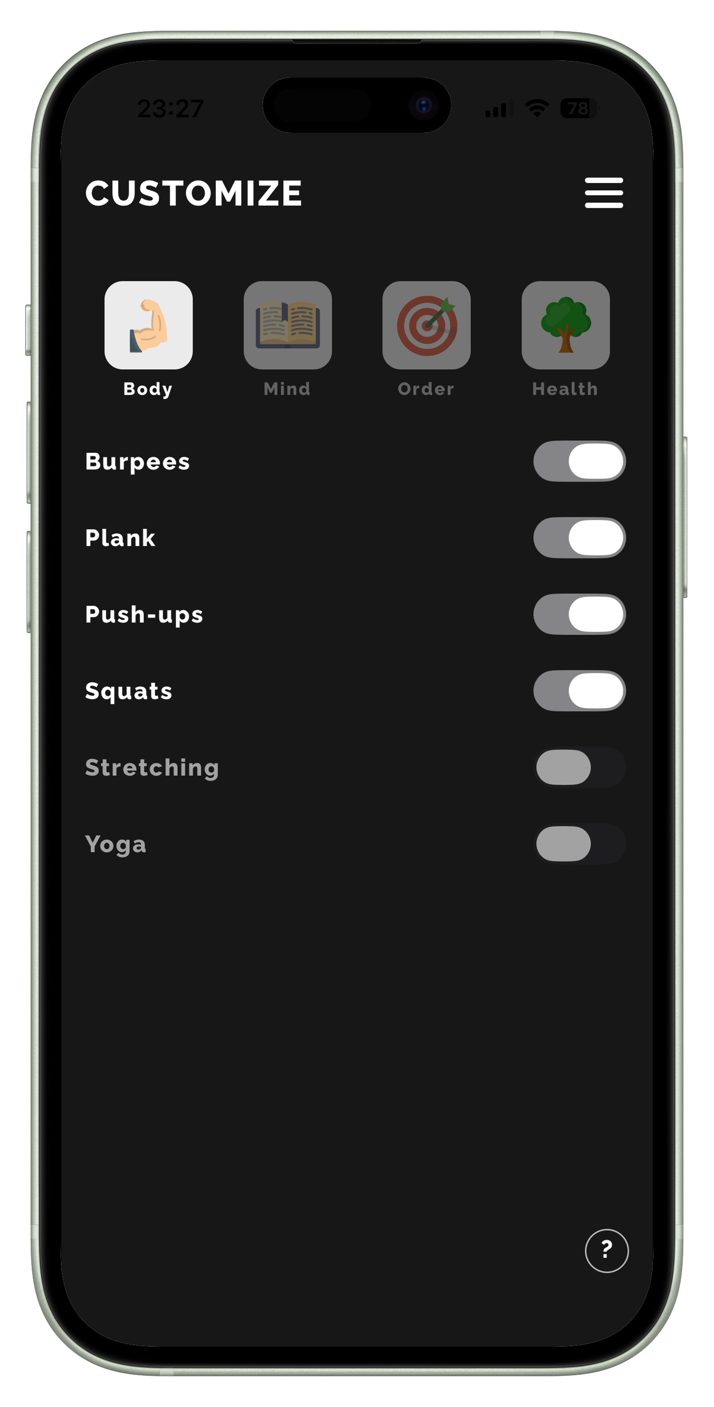 Customize screen mockup